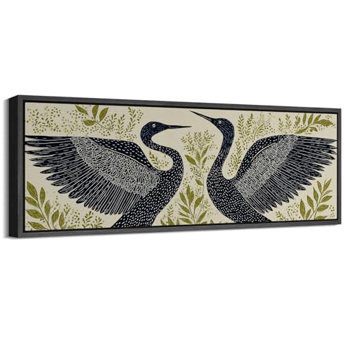 Image of MUDECOR Large Framed Canvas Print Wall Art Modern Crane Birds with Green Botanical Antique Retro Ready to Hang Painting for Living Room Bedroom Multi-Sizes - 60 inchx20 inch