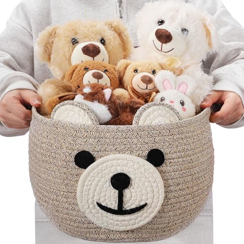 Image of Zopeal Bear Basket 13" D x 9.5" H for Nursery Cotton Rope Woven Cute Storage Basket with Handles Animal Hamper for Baby Shower Laundry Bathroom Home Decorative