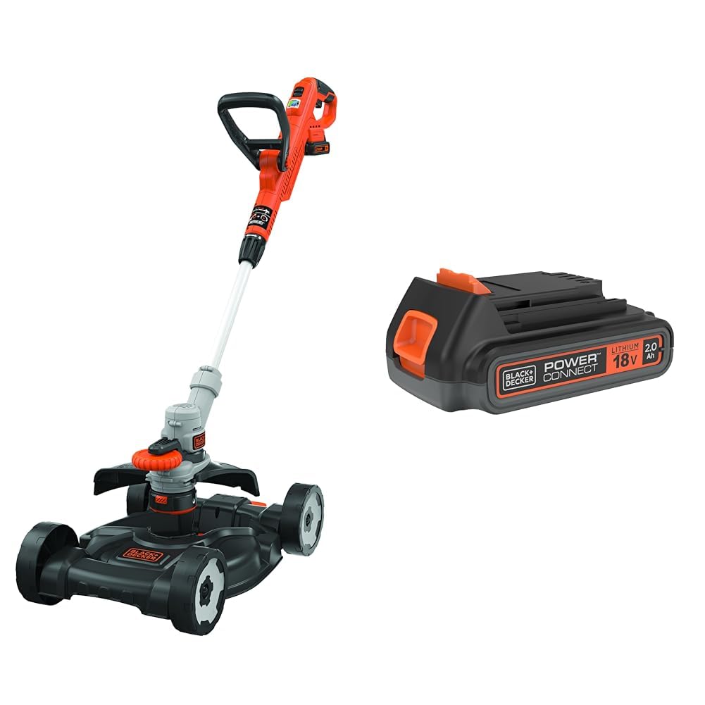 Black+Decker Podkaszarka Do Trawy, Czarny/Pomarańczowy, 18 V & Black+Decker Li-Ion Slidepack akumulator BL2018 (18V 2.0Ah, odpowiedni do wszystkich narzędzi ogrodniczych Black+Decker 18V), 1,0 szt.