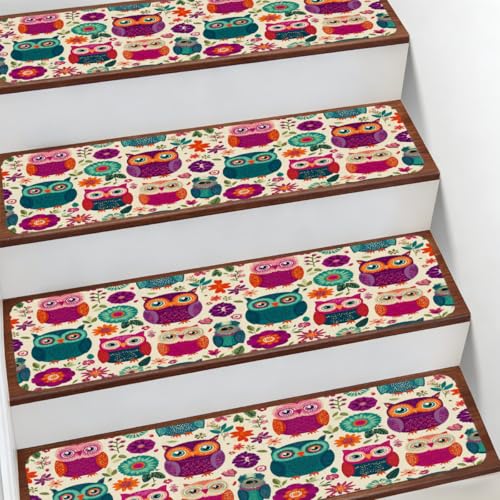 Kaifanee Tapis d'escalier antidérapant en caoutchouc pour animaux domestiques, enfants et personnes âgées - Motif chouette colorée - 19,8 x 76,2 cm