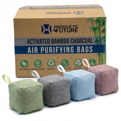 Image of 4 pack Naturally Activated Bamboo Charcoal Air Purifying Bags | Natural Home Deodorizer Bag | Charcoal Bag Odor Absorber For Pets | Odor Eliminator & Moisture Absorber Air Freshener Bag (200g Cube)