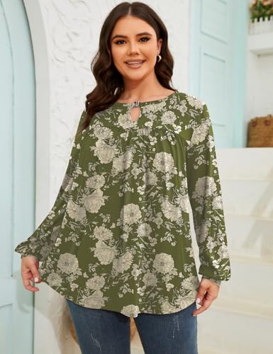 TFSDOD Women Plus Size Tops Long Sleeve Shirts V Neck Pleated Keyhole Blouse Loose Work Tunic Tee 1X-5X2