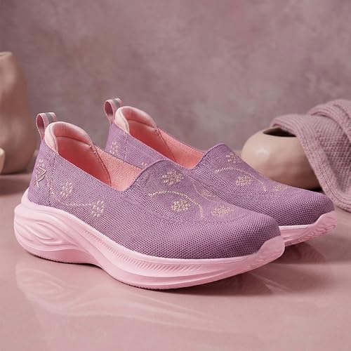 Image of Liberty LEAP7X GLOWSTAR-E Slip-On Sneakers for Women - Peach & Navy Knitted Casual Shoes | Memory Foam Cushioned Insole, Lightweight Slip-On Shoes for Walking, College & Casual Outings
