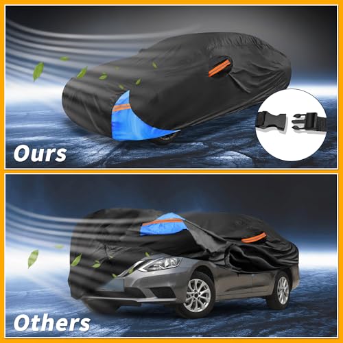 Image of Waterproof All-Weather Universal Car Cover with Right Side Zipper, 190T Polyeste Black Blue Fits for Sedan 190 inch to 198 inch Length