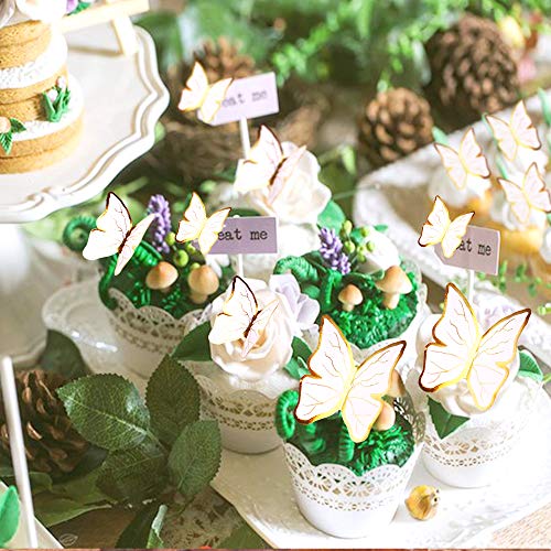 Cyodoos 30Pcs White Gold Edge Mixed Size Lively 3D Butterfly Cupcake Topper For Girls Women's Happy Birthday Wedding Party Cake Wall Party Food Decorations #TOP5