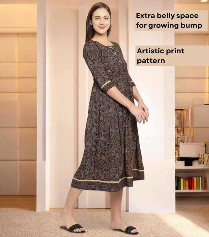 Image of DUMMY SHAPE Feeding Kurtis for Women Cotton Rayon | Printed Pregnancy Flare Kurta with Nursing Zippers to Pre & Post Partum | Maternity Dresses | Gifts for Pregnant Woman