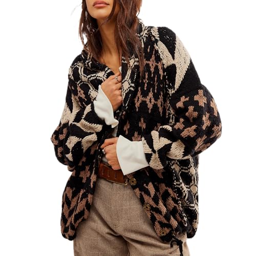 Women Shawl Collar Cardigan Sweater Y2k Print Botton Down Oversized Sweater Vintage Knit Sweater Coat Fall Fashion