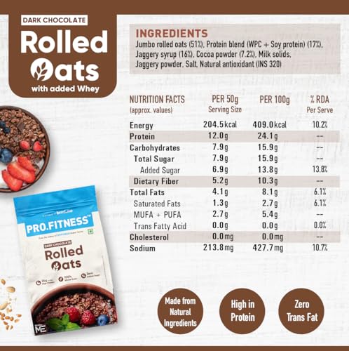 Image of Pro.Fitness 27g High Protein Oats (By MyFitness) | Dark Chocolate Oats with Almonds, Pumpkin Seeds and Raisin | Chocolate Rolled Oats with Jaggery - No Refined Sugar | Breakfast Cereals (Pack of 2)
