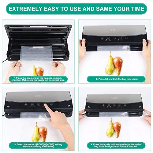 Belifu Vacuum Sealer Machine, Automatic Vacuum Air Sealing System For Food Savers with Starter Kit, Compact Design, Dry & Moist Food Modes, Built-in Cutter, LED Indicator Lights, Compact Design for Sous Vide and Food Storage (Stainless Steel)