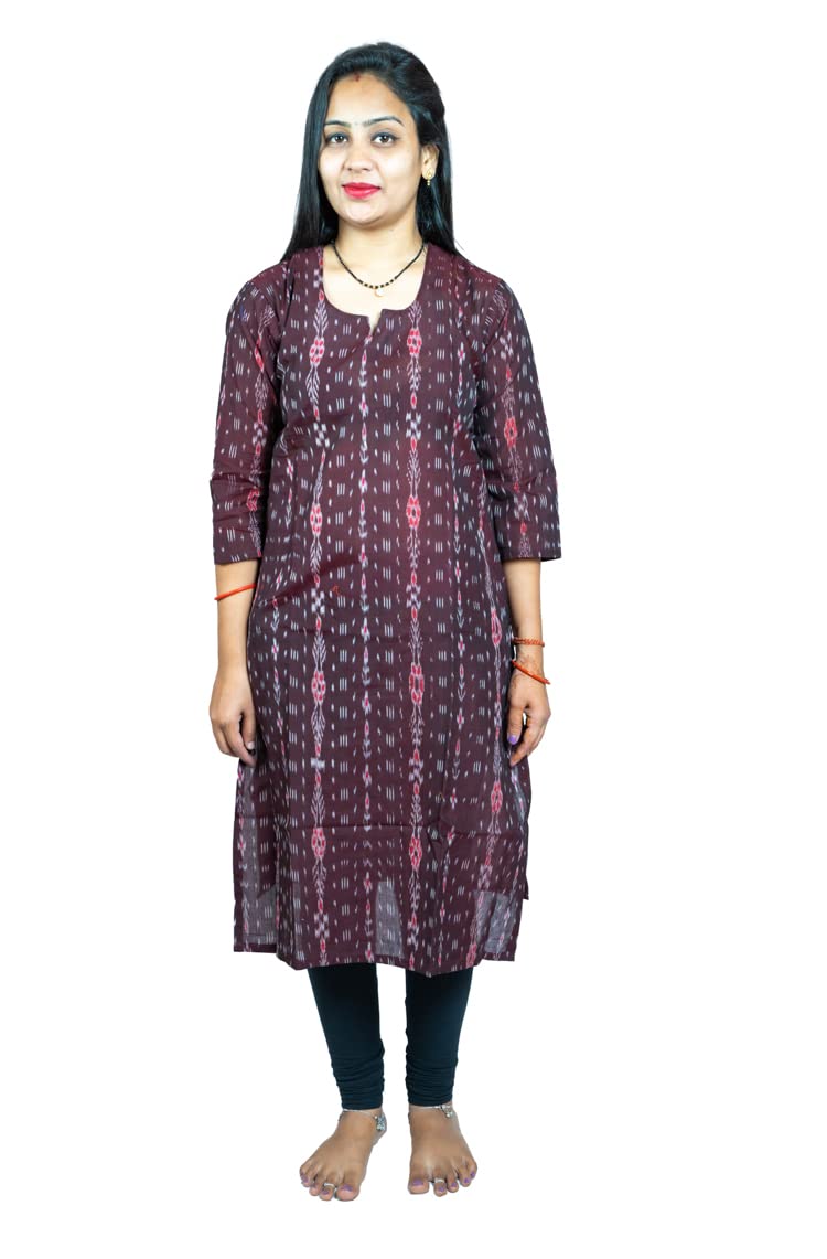 GHL â€“ GUENDICHA HAAT LLP Sambalpuri Certified Handloom Women's Pure Cotton Highneck Kurta, Brown, 46