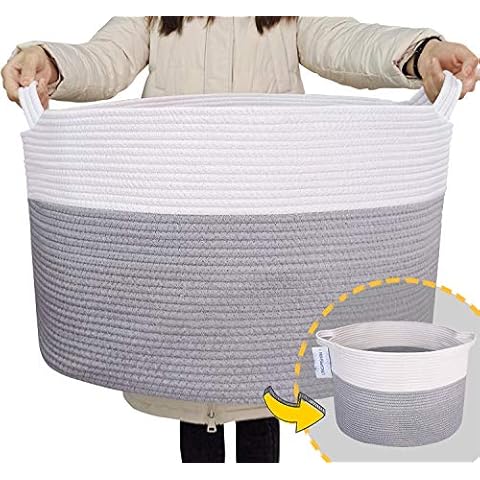 LANGYASHAN 21.65" x 13.78" XXXLarge Woven Rope Basket Decorative Blanket Basket for Living Room Toys Sofa Throws Storage Towels or Nursery Round Laundry Hamper Basket with Handles Laundry Basket(Gray) Cover