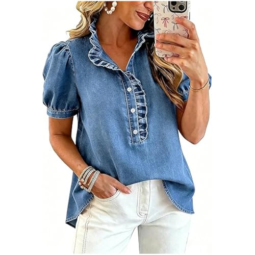 Blouse en jean à volants dotée d'une basque élégante et manches courtes
