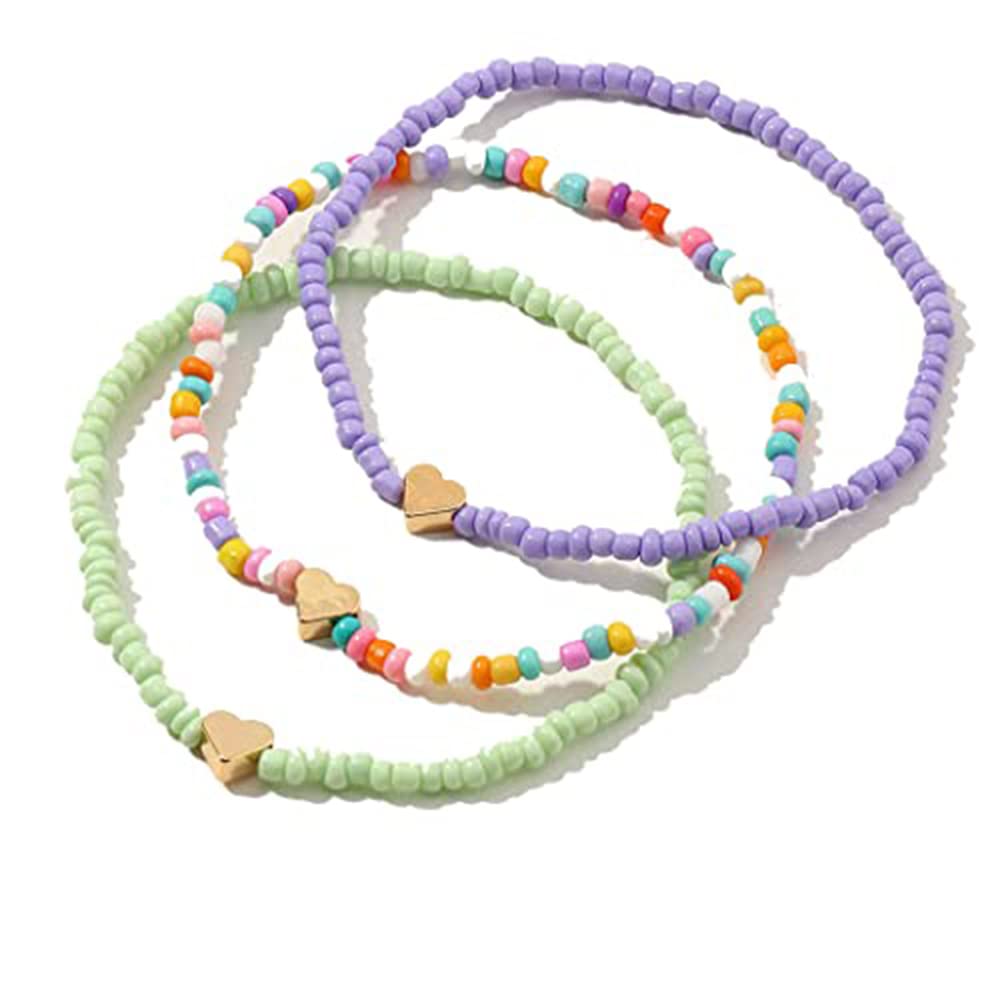 KASTWAVEBoho Women Anklets, Boho Beads Multilayered Love Heart Women Anklets Colorful Cute Adjustable Women Ankle Bracelets Beaded Bracelet Elastic Foot and Hand Chain Jewelry for Women Girls (3PCS)