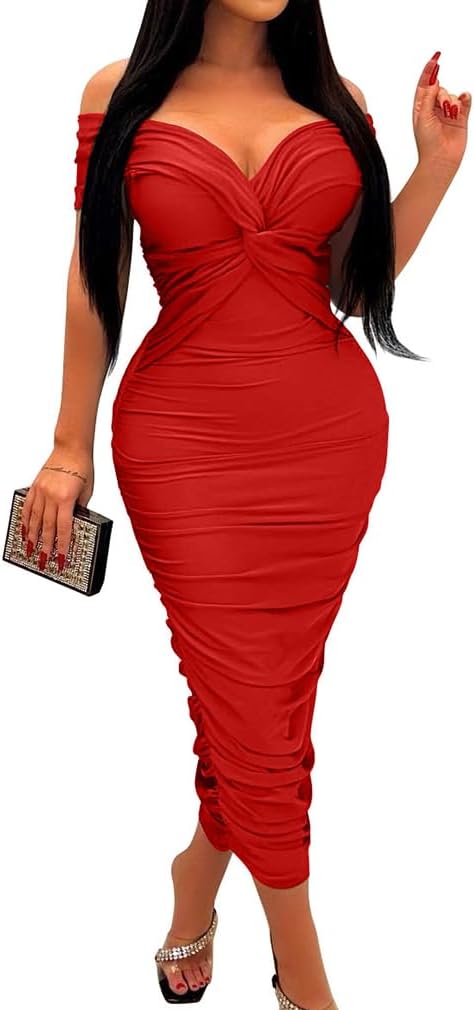 BEAGIMEG Women's Sexy Elegant Bodycon Sleeveless Ruched Off Shoulder Night Party Cocktail Midi Dress