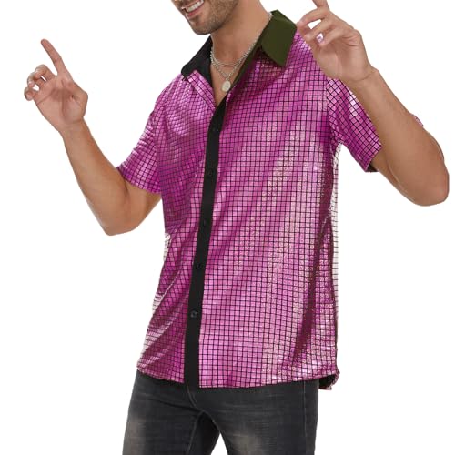 Image of Zando Men's Sequin 70s 80s Disco Shirt - Retro Short Sleeve Button Up Costume Halloween New Year Party Outfit Top & Clubwear