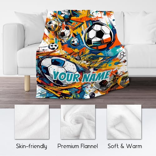Custom Soccer Blanket, Cozy Soft Throw Gifts for Mens, Cool Colorful Flannel Throw Blankets for Bed Couch, 60x80 Inches