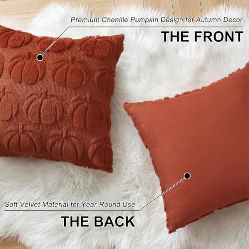 Image of decorUhome Fall Decorative Rust Pumpkin Throw Pillow Covers 16x16 Set of 2, Soft Faux Fur Plush Farmhouse Accent Pillow Cases for Couch Bed Sofa Autumn Harvest Halloween Holiday Home Decor