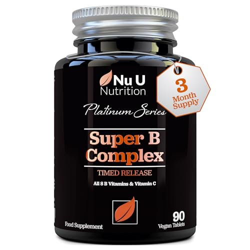 Super Vitamin B Complex - High Absorption Methylated B Vitamins with VIT C - 90 Timed Release Vegan Tablets - 3 Month Supply - B1, B2, B3, B5, B6, B8, B9 & B12 - Made in The UK - Nu U Nutrition