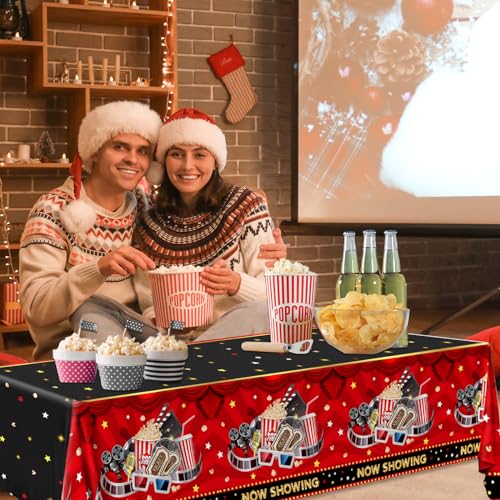 Image of Movie Night Tablecloth,Movie Theme Hollywood Party Decoration 3Pcs Vintage Now Showing Popcorn Tablecloth Drive In Movie Party Table Cover for Movie Theater Party Favors ,Movie Star Birthday Supplies