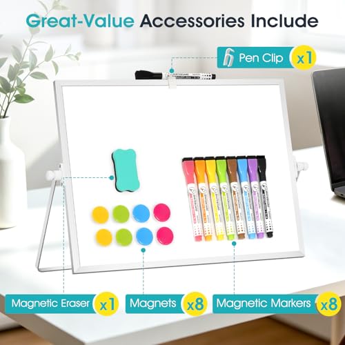 Image of Dry Erase Small White Board, 16 inch x 12 inch Magnetic Desktop Whiteboard Stand