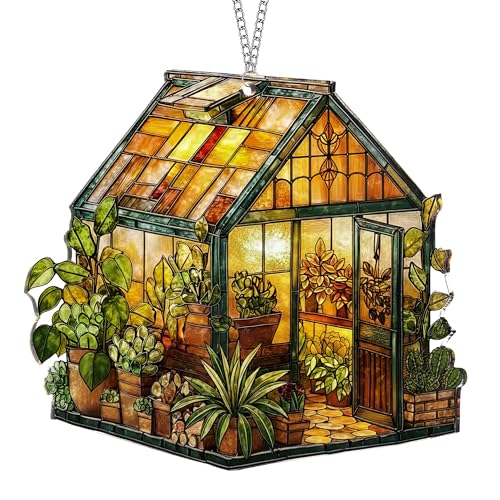 Greenhouse Ornament Acrylic Plant Ornament Faux Stained Glass Gardening Suncatcher Gardening Gifts for Women Mom Grandma Natured Themed Gifts for Plant Garden Lovers (Green House)