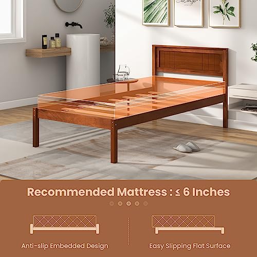 Image of GIANTEX Twin Bed Frames with Headboard, Solid Wood Platform Bed with Wood Slat Support, Single Bed with 16 inch Under Bed Storage, Twin Bed Frames for Kids Adults Guests, Easy Assembly, Walnut