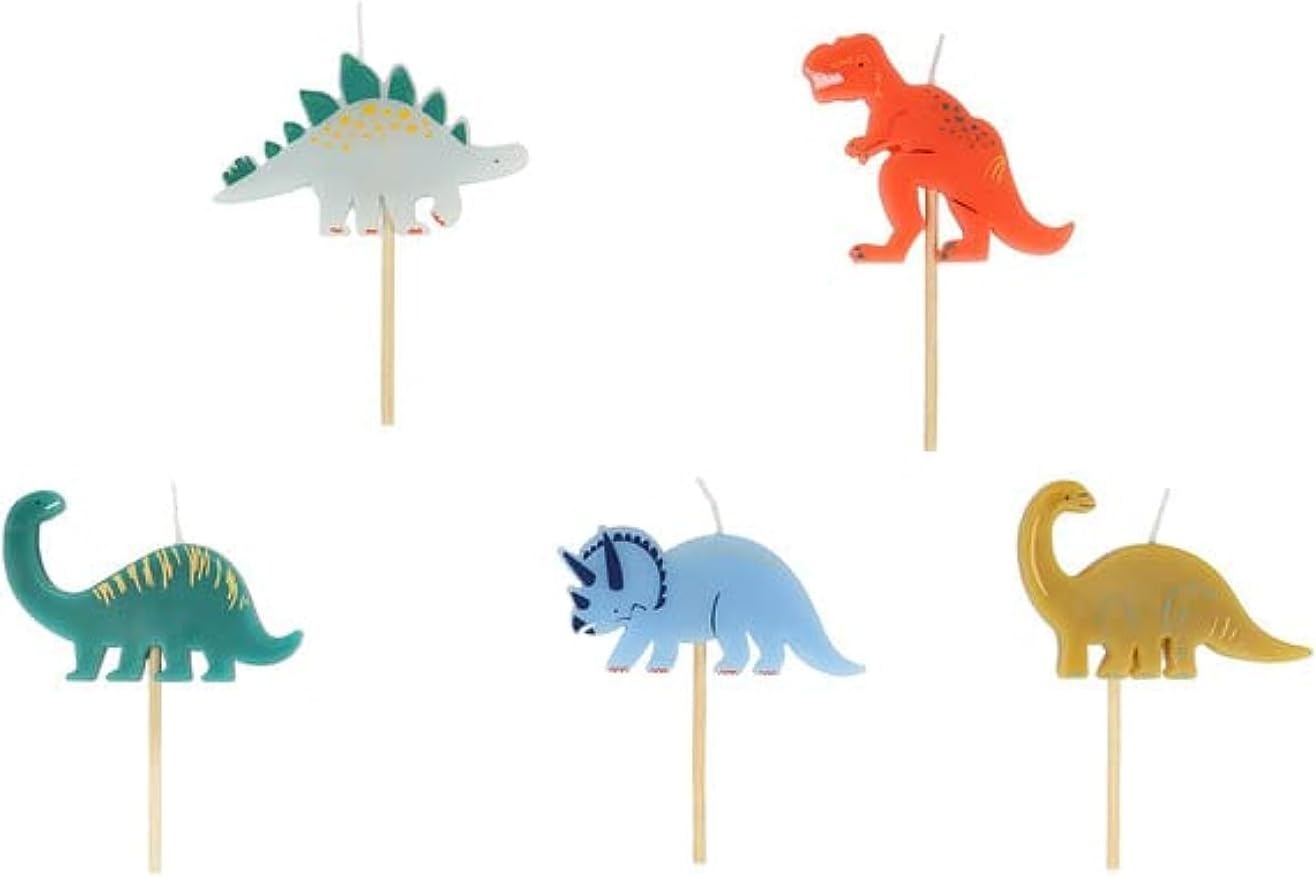 Mini Dino Candles Pack of 5 – Dinosaur Birthday Cake Party Candles with Wooden Sticks for Stegosaurus, T-Rex, Brachiosaurus, Diplodocus & Triceratops for Kids’ Dino-Themed Celebrations