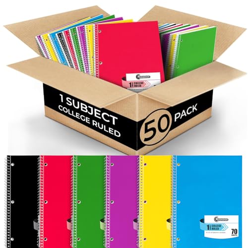 Rosmonde 50 Pack, 1 Subject Spiral Notebook College Ruled Bulk, 140 Pages (70 Sheets), Thick No-Bleed Paper, 8 x 10-1/2", 3 Hole Punched, College Ruled 1 Subject Notebook Bulk, Bulk Subject Notebook