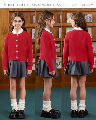 Image of Girls Cardigan Chunky Knit Uniform Sweater with Pockets 5-14Y | Cardigan for Girls Button Down Long Sleeve Uniform Sweater for Kids Solid Thick Fall Winter Sweater for School / Casual