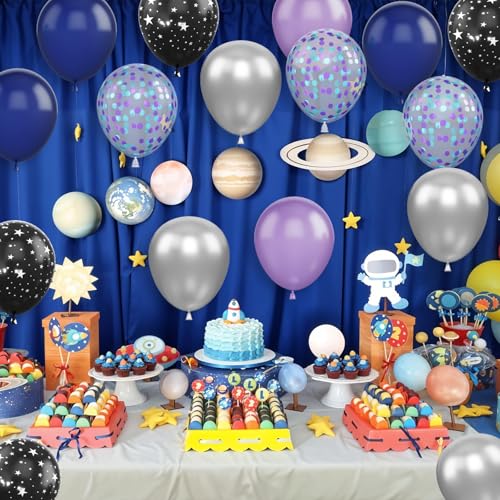 Image of Outer Space Balloons,30Pcs 12inch Galaxy Blue Purple Balloon Metallic Purper Silver Star Printed Balloon Space Theme Party Decorations for Kids Boys Birthday Party Decoration