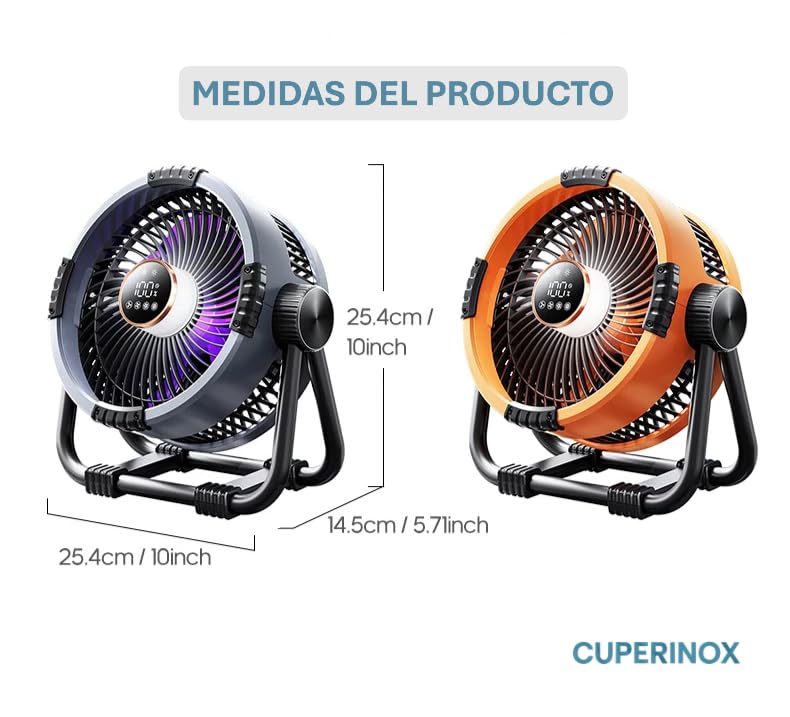 CUPERINOX - Ventilateur Portable Rechargeable 20000 MAh + Power Bank, Lumière LED, Télécommande - 50h Autonomie