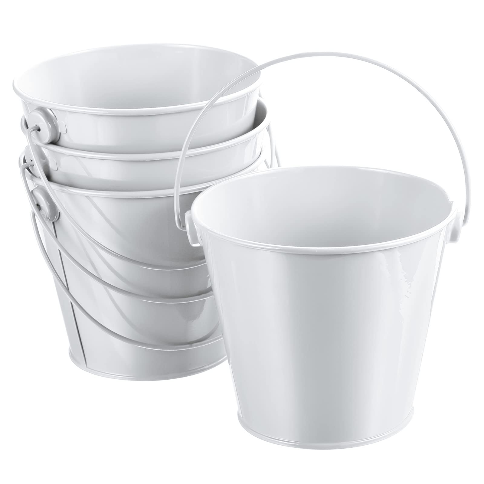 PATIKIL 4.7 Inch Colored Metal Buckets, 4 Pack Pencil Holder Buckets Round Metal Planter Pails Container with Handles for Classroom Crafts, White