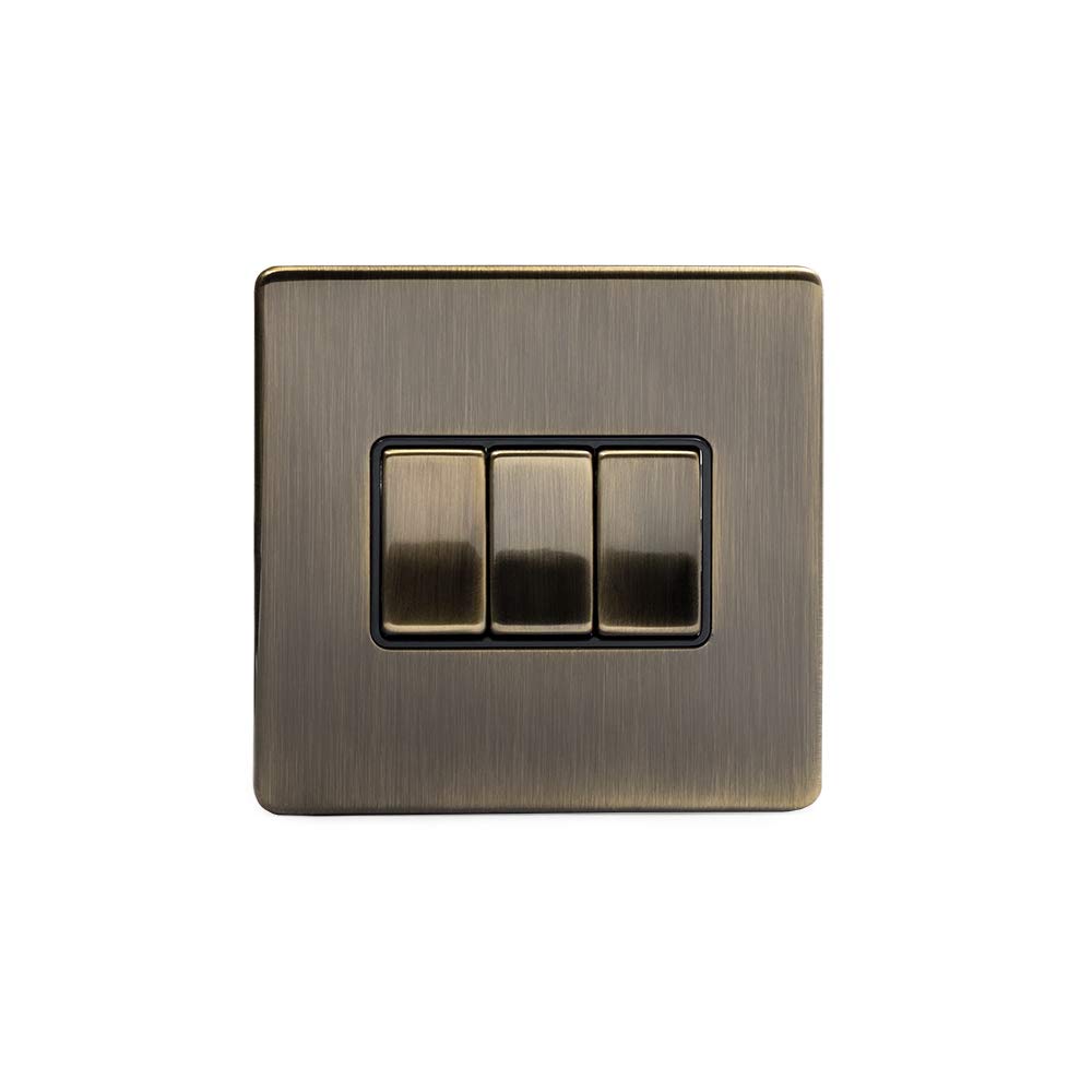 Soho Lighting Antique Brass 3 Gang Intermediate Light Switch black Insert Screwless