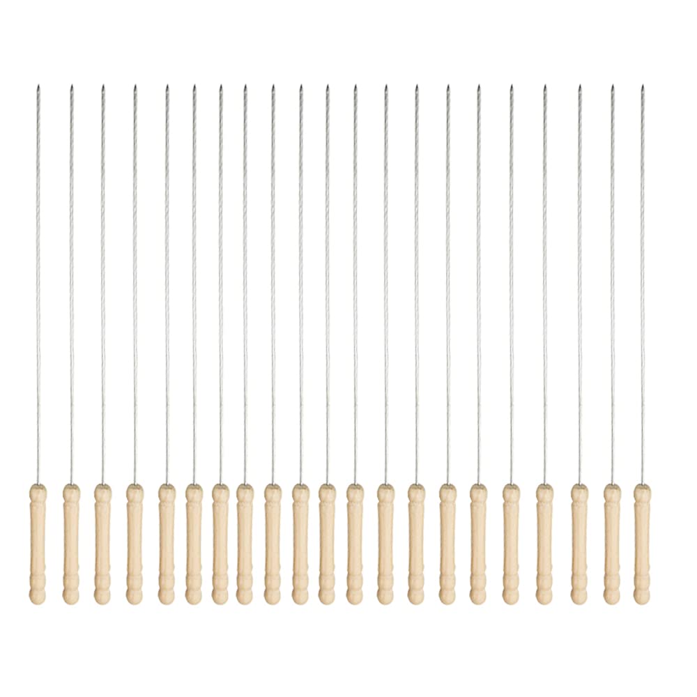 TINMIX Skewers for Kabob with Anti-Scald Wood Handles - 20PCS 14 Inches Reusable Stainless Steel Round Barbecue Grilling Skewers, Diameter 1.8mm Gourd Shape Handle