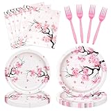 Konsait 80Pcs Cherry Blossom Plates and Napkins - Serve 20 Guests Pink Disposable Cherry Plates and Napkins Forks Set