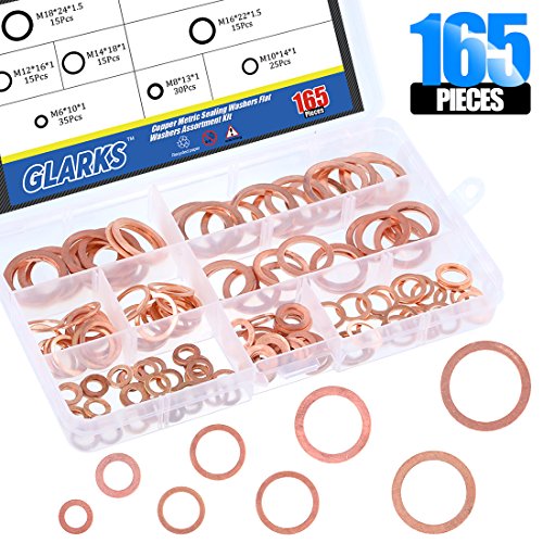 Glarks 165Pcs Metric Flat Ring Copper Sealing Washers Assortment Set - 8 Sizes