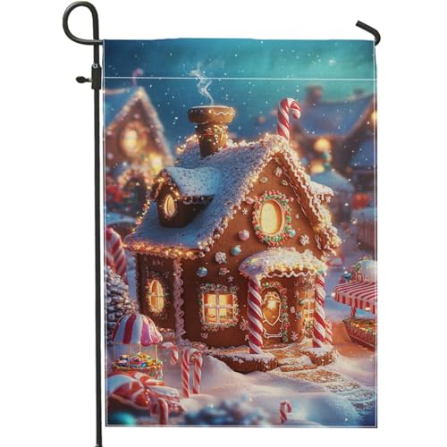 Paese delle meraviglie invernale bandiera da giardino casa di pan di zenzero Decorazione esterna colorata per Natale Bandiera decorativa double face per patio e prato, 12 x 18 pollici