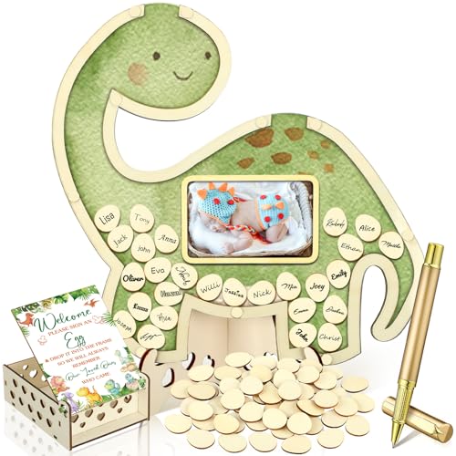 Image of Wenqik 63 Pcs Dinosaur Baby Shower Guest Book Alternatives Set Baby Shower Decorations with Photo Frame Sonogram Frame Keepsake 60 Wood Slices Guest Book for Birthday