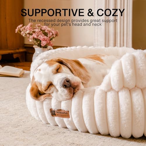 MEWOOFUN Stilvolle Katzenbetten für Katzen, weiches rundes Hundebett für kleine und mittelgroße Hunde, waschbares, beruhigendes Haustierbett (Beige, S)