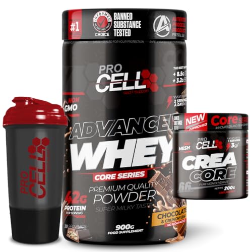PACK Procell Proteinas Whey Advanced 900Gr (Chocolate & Crunchy Bar) + Creatina monohidratada 200Gr + Shaker 'REGALO' Gana masa muscular, Fuerza, Resistencia, Tonificacion muscular, Recuperacion