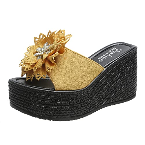 Mules compensées en liège jaunes pour femme taille 40 avec motifs floraux
