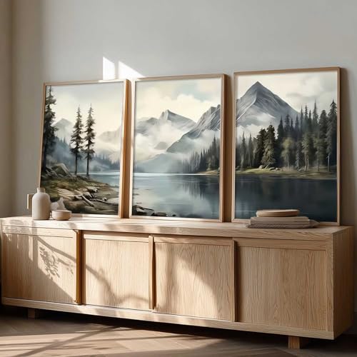 Image of kotart Big Aesthetic Mountains View Wall Art Paintings | River View Framed Painting | Nature Art Vastu Frames for Living Room Bedroom Wall Decor Set Of 3 (35x37 Inch)