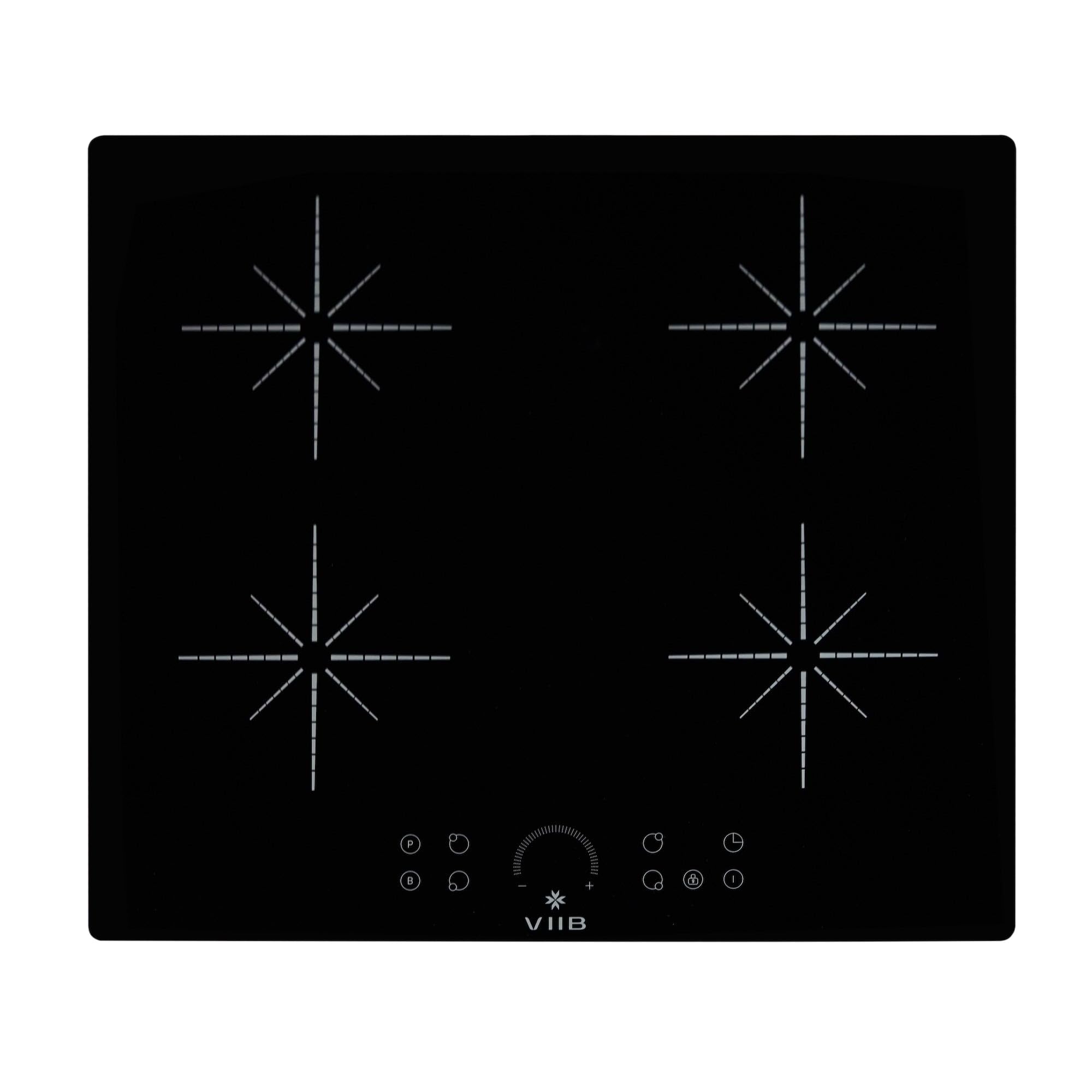 VIIB Induction Hob 60cm, 4 Zone Electric Cooktop, 7000W Built-In Hob, Hardwired Installation (No Plug), Touch Control, Booster, Timer, Child Lock, Auto Shut-Off, Black Glass – Star Burst Zone Design