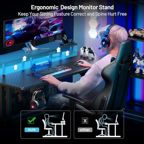 HLDIRECT 47 Inch Gaming Desk with LED Lights & Power Outlet, Computer Gamer Desk with Monitor Stand, Ergonomic Carbon Fiber Gaming Table Home Office Desk with Cup Holder (47INCH) - Image 6
