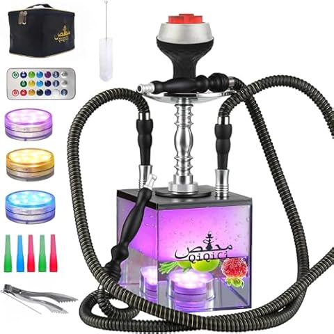 QiQiCi Hookah Set 2 Hose Hookahs Shisha with Everything Modern Cube Hookahs Acrylic Hookah LED Hooka with Hookah Bowl Cover