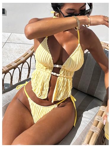 Image of RoseSeek Women's 2 Piece Boho Polka Dots Beaded Bikini Sets Sexy Swimsuits