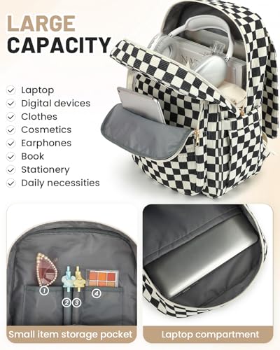 Image of Corduroy Laptop Backpack for Women, Fits 15.6 Inch Computer Bag, College High School Bookbag Travel Daypack Purse, Work Business Bags - Corduroy Checkered Black