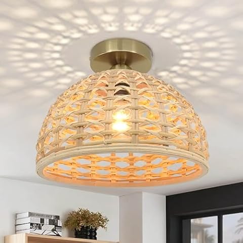 LMLAITE Semi Flush Mount Ceiling Light, Boho Coastal Handwoven Rattan Wicker Cage Retro Rustic Light Fixture for Bedroom Hallway Entryway Kitchen Kitchen Island Dining Room, UL Listed Cover