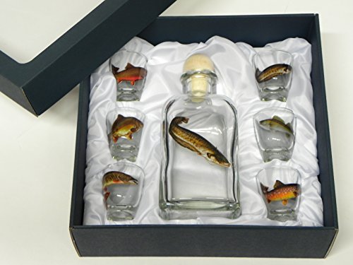 7-teiliges Schnaps Gläser Set mit Fisch Motive + Karaffe mit WELS