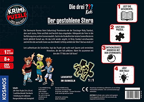 Foto von Die drei ??? Kids - Krimi Puzzle - Der gestohlene Stern von KOSMOS 682200, 200 Teile, Leuchtet im Dunkeln, Lesen, Puzzeln, Rätsel lösen, Detektiv Puzzle für Kinder ab 8 Jahre
